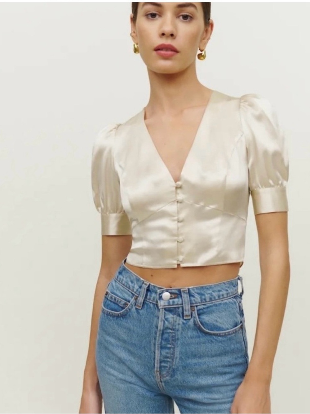 Reformation Satin V-Neck Blouse in Almond Cream - Picture 2 of 7